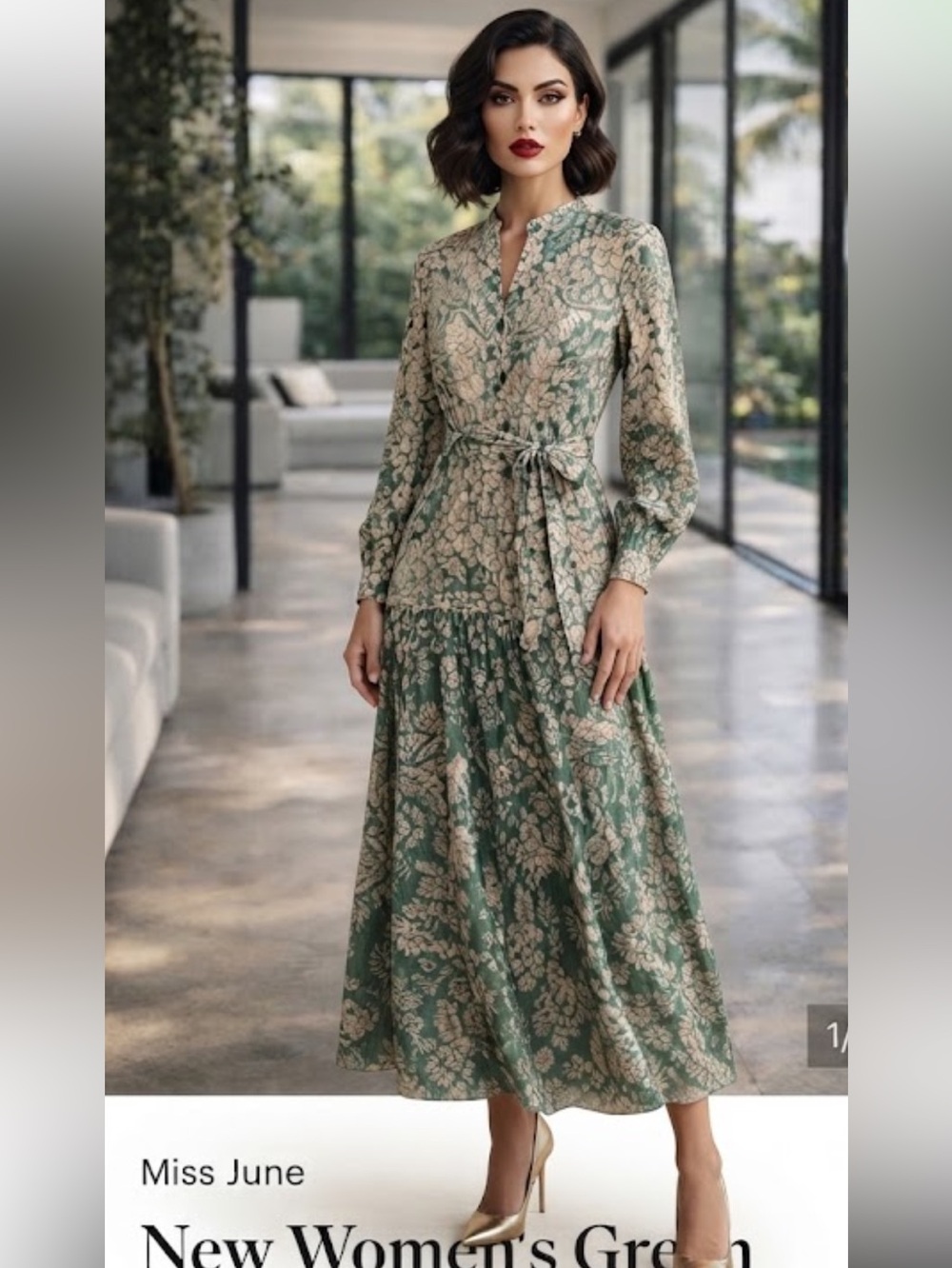 New Women's Green Paisley Maxi Dress with Long Sleeves one size